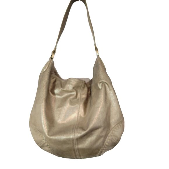 SIGRID OLSEN Leather Hobo Shoulder Bag Distressed Brush Gold Boho Handbag - Picture 2 of 15